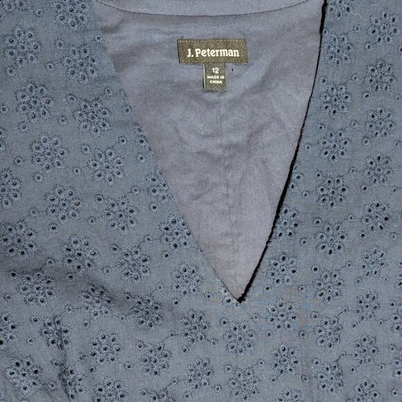 J. Peterman Eyelet Sheath Dress Navy Blue Knee Length Womens 12 Short Sleeve - Picture 5 of 5